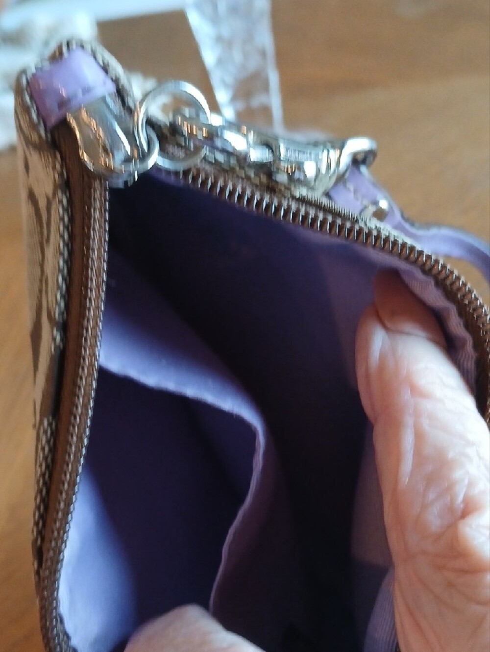 Coach Brown Signature Canvas Wristlet with Purple Trim - Picture 4 of 7